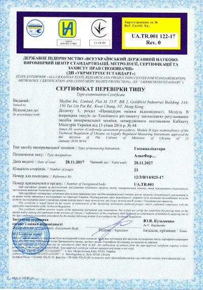 Сертифікат перевірки типу. Алкотестери АлкоФор